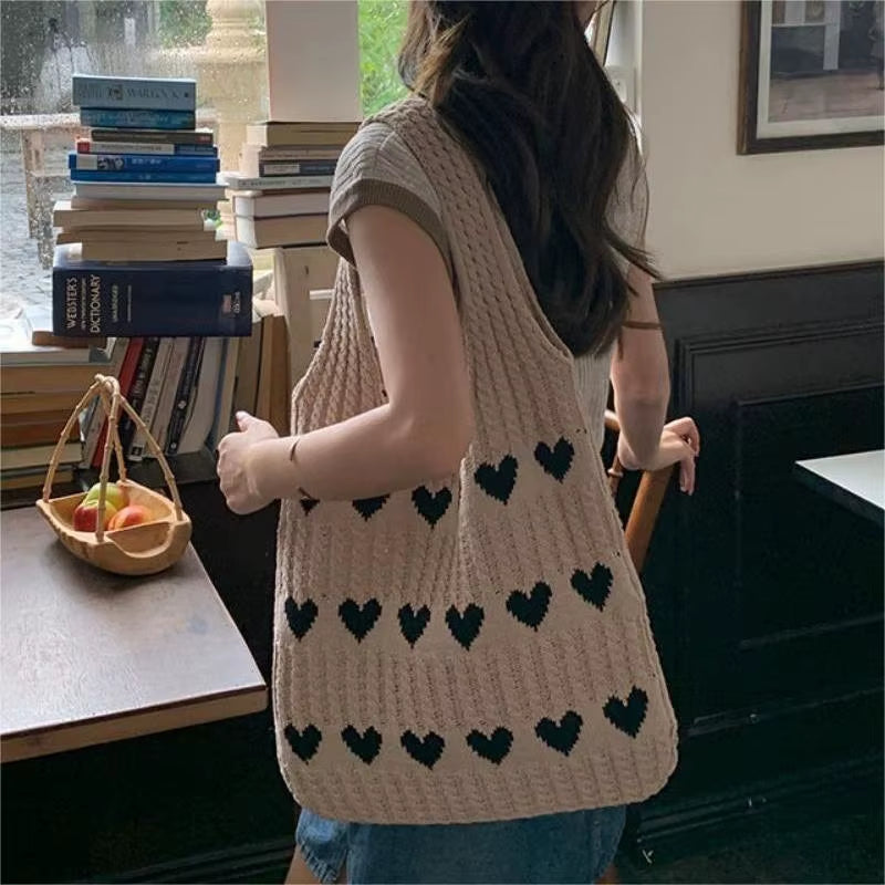 Women Knitted Bag Woven Love Heart Pattern Wool Portable Shoulder Bag Shopping Bags Workers Students Daily Commuter Bags