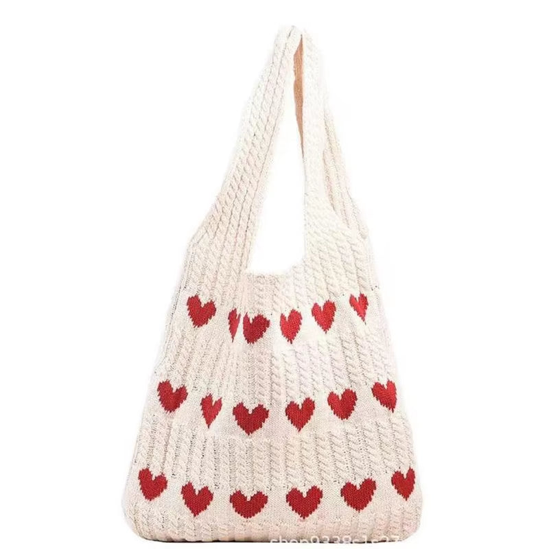 Women Knitted Bag Woven Love Heart Pattern Wool Portable Shoulder Bag Shopping Bags Workers Students Daily Commuter Bags
