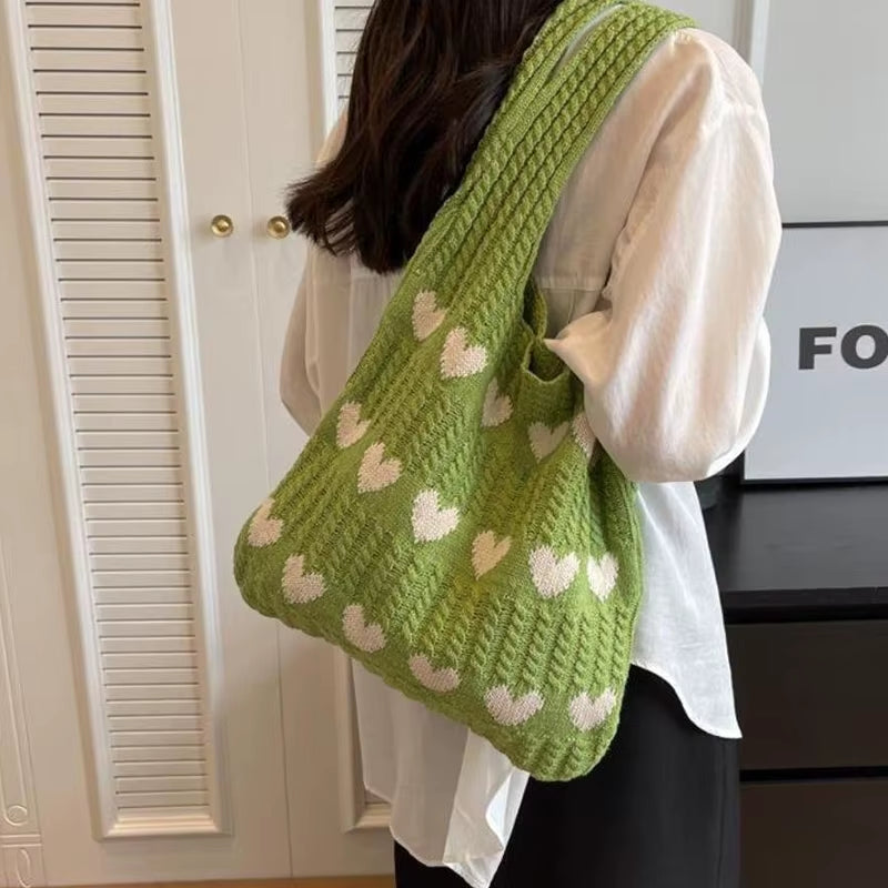 Women Knitted Bag Woven Love Heart Pattern Wool Portable Shoulder Bag Shopping Bags Workers Students Daily Commuter Bags