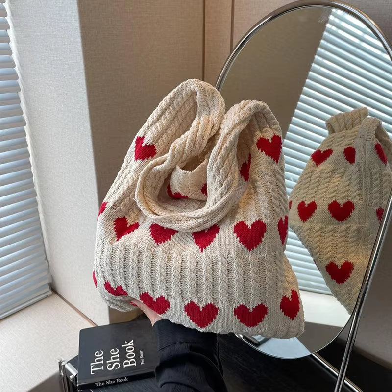 Women Knitted Bag Woven Love Heart Pattern Wool Portable Shoulder Bag Shopping Bags Workers Students Daily Commuter Bags