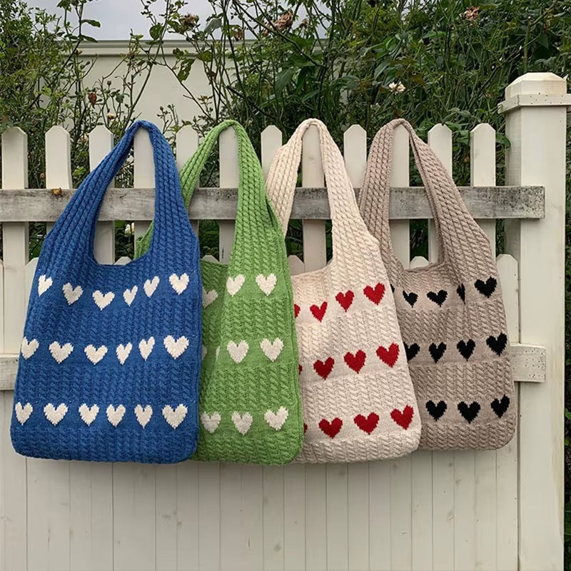Women Knitted Bag Woven Love Heart Pattern Wool Portable Shoulder Bag Shopping Bags Workers Students Daily Commuter Bags