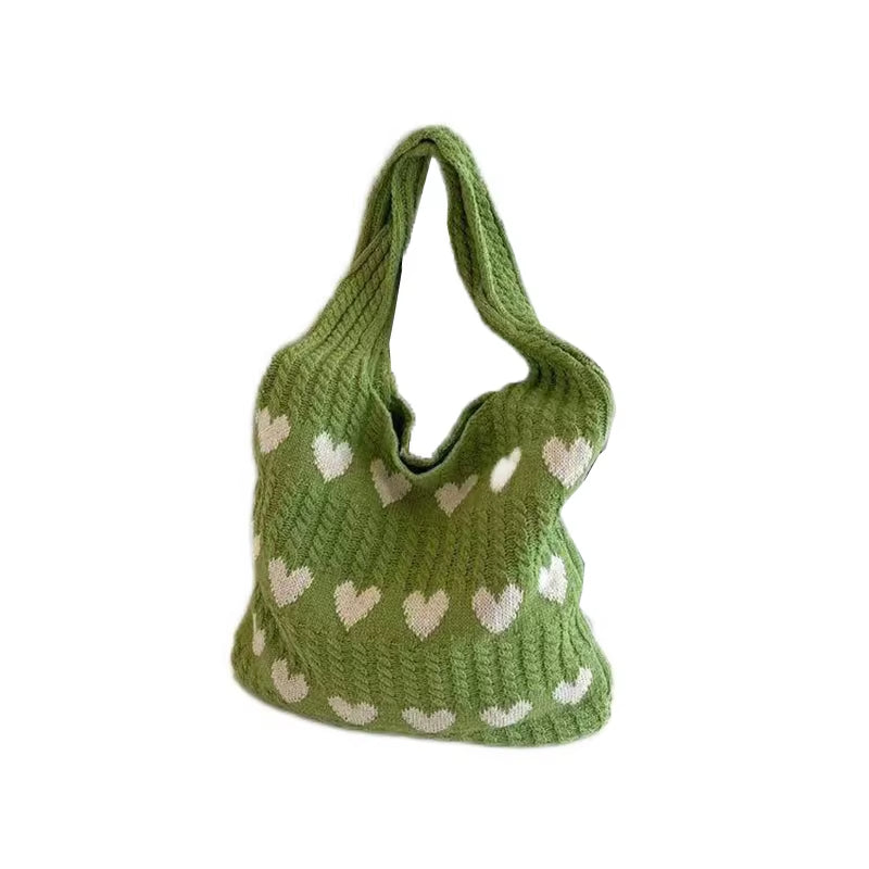 Women Knitted Bag Woven Love Heart Pattern Wool Portable Shoulder Bag Shopping Bags Workers Students Daily Commuter Bags