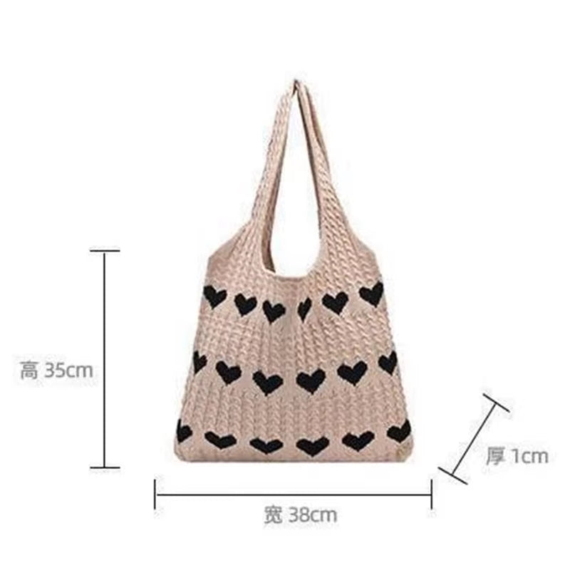Women Knitted Bag Woven Love Heart Pattern Wool Portable Shoulder Bag Shopping Bags Workers Students Daily Commuter Bags